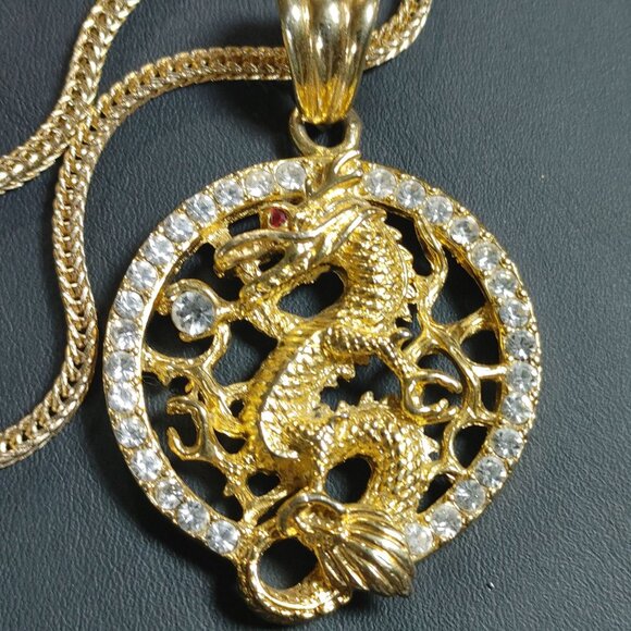 Gold Chinese Dragon Year Pendant Necklace Gold Tone Rhinestones 22 inch Chain - Picture 5 of 14